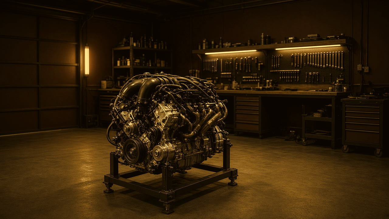 Engine on a stand in the workshop