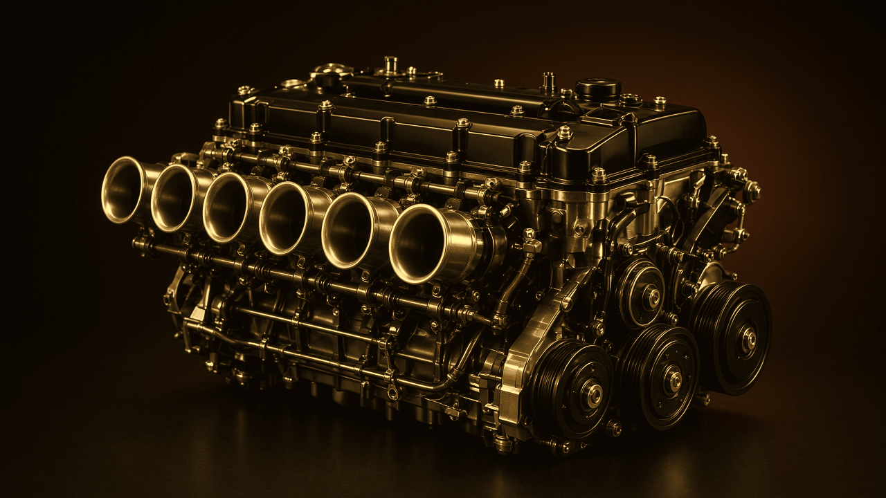 BMW diesel six on the black bench, three-quarter view